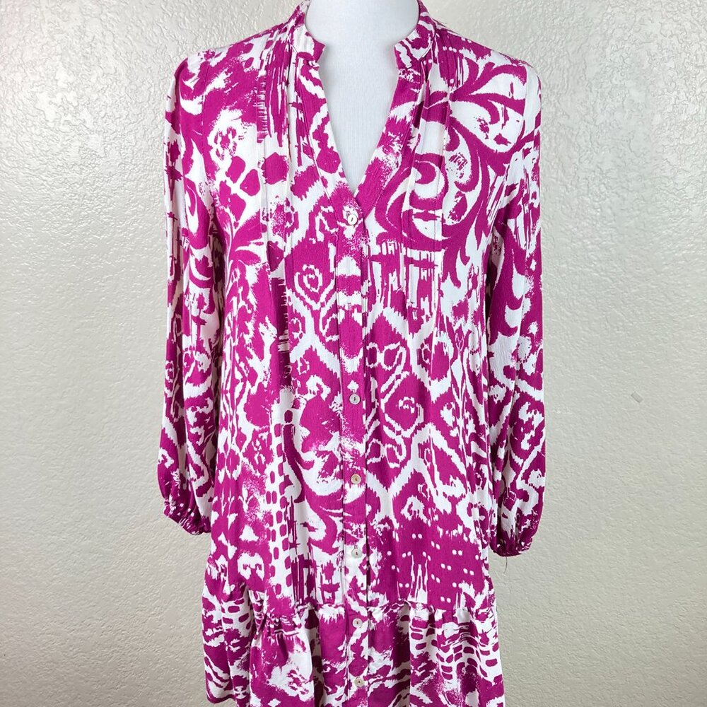 Zara Purple & White Abstract Knee High V-Neck Gathered Button Up Dress Sz S